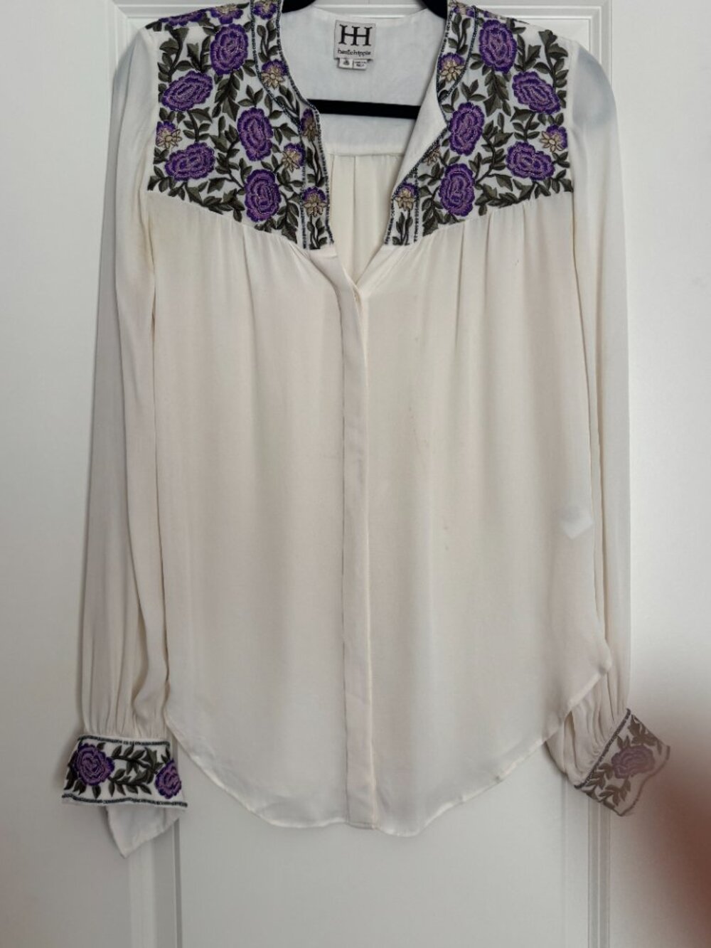 Haute Hippie Cream Purple Floral Embroidered Silk Blouse XS — As Is - Picture 4 of 14
